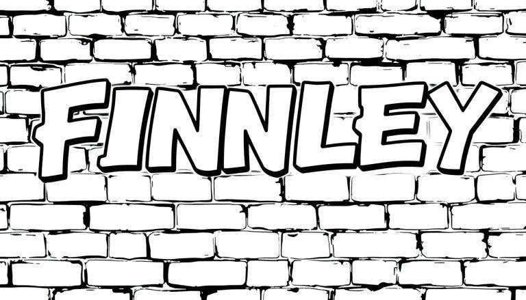 Kleurplaat van de naam Finnley in graffiti-stijl op een bakstenen muur.