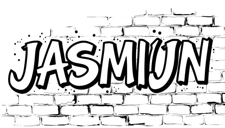 Kleurplaat van het woord JASMIJN in graffiti-stijl op een bakstenen muur.