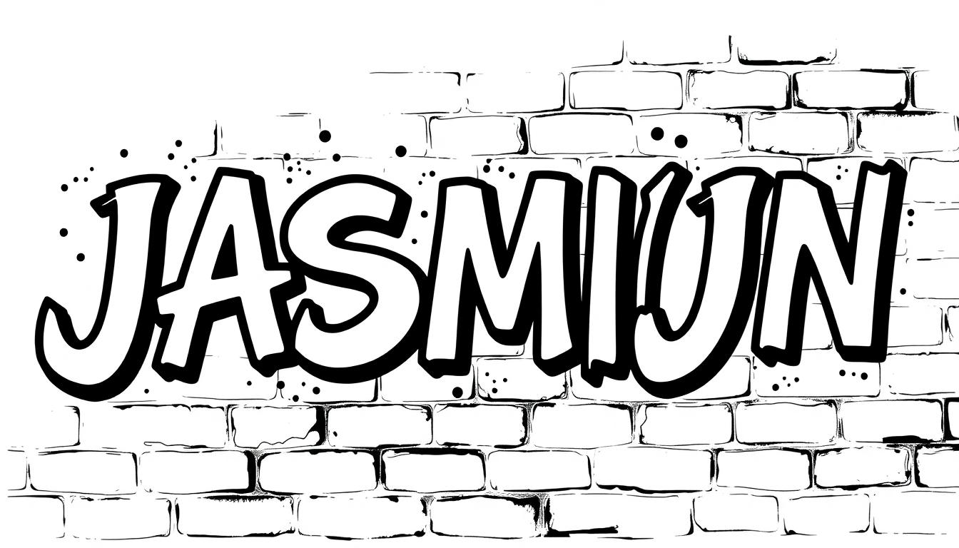 Kleurplaat van het woord JASMIJN in graffiti-stijl op een bakstenen muur.