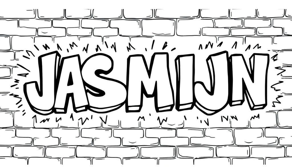 Kleurplaat met graffiti-letters 'JASMIJN' op een bakstenen muur.