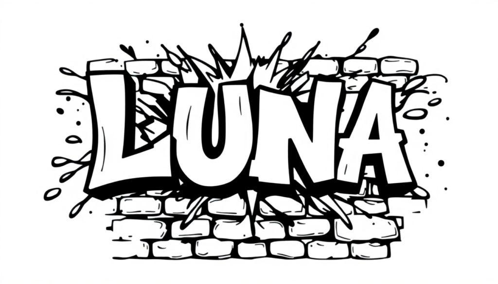 Kleurplaat met de naam LUNA in graffiti-stijl op een bakstenen muur.