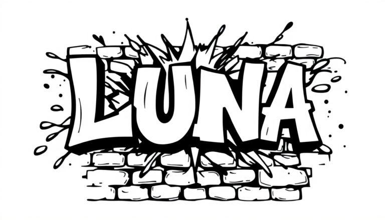 Kleurplaat met de naam LUNA in graffiti-stijl op een bakstenen muur.