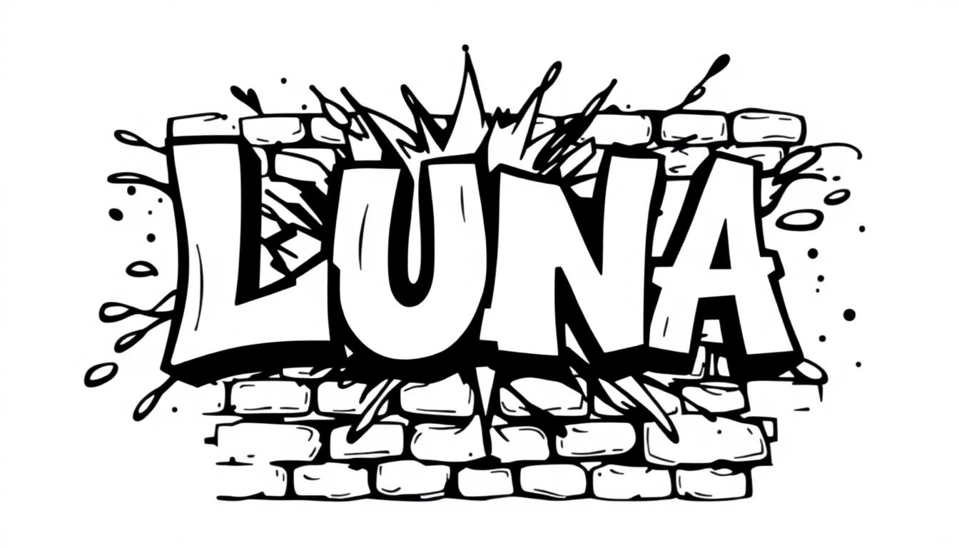 Kleurplaat met de naam LUNA in graffiti-stijl op een bakstenen muur.