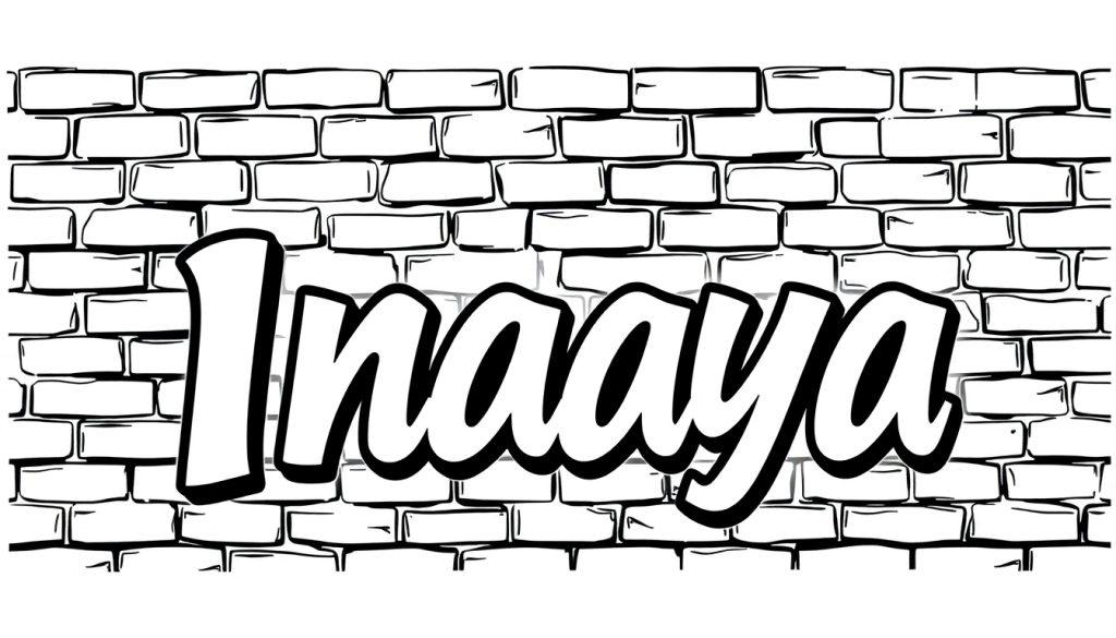 Kleurplaat van het woord Inaaya in graffiti stijl op een bakstenen muur.