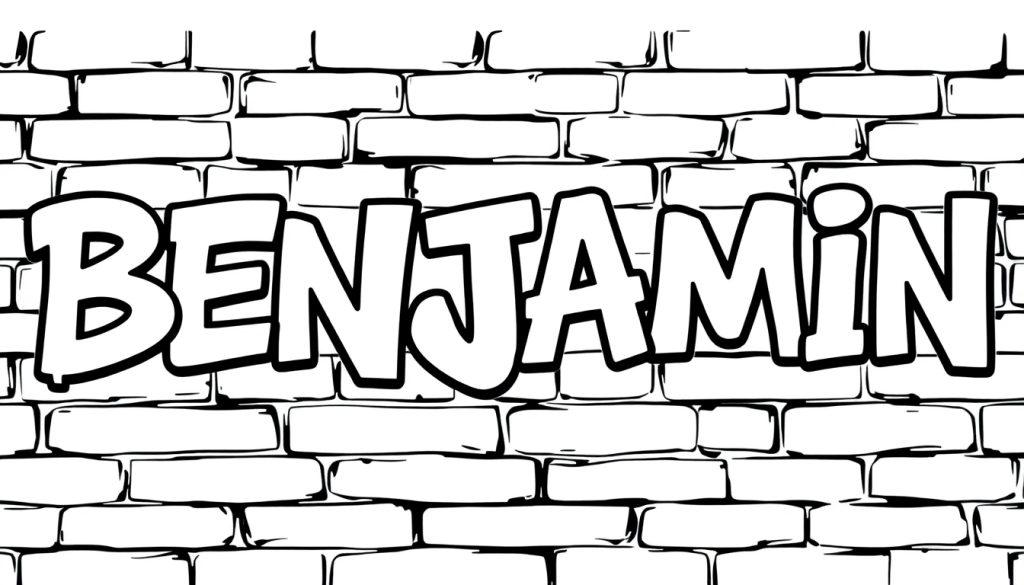 Graffiti letters van 'BENJAMIN' op een bakstenen muur, zwart-wit kleurplaat.
