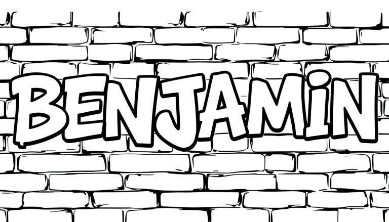 Graffiti letters van 'BENJAMIN' op een bakstenen muur, zwart-wit kleurplaat.