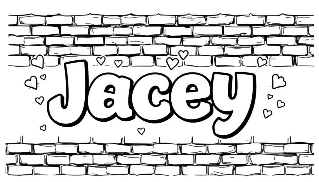 Kleurplaat met "Jacey" in graffiti-stijl op een bakstenen muur met hartjes.