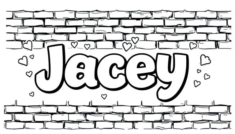 Kleurplaat met "Jacey" in graffiti-stijl op een bakstenen muur met hartjes.