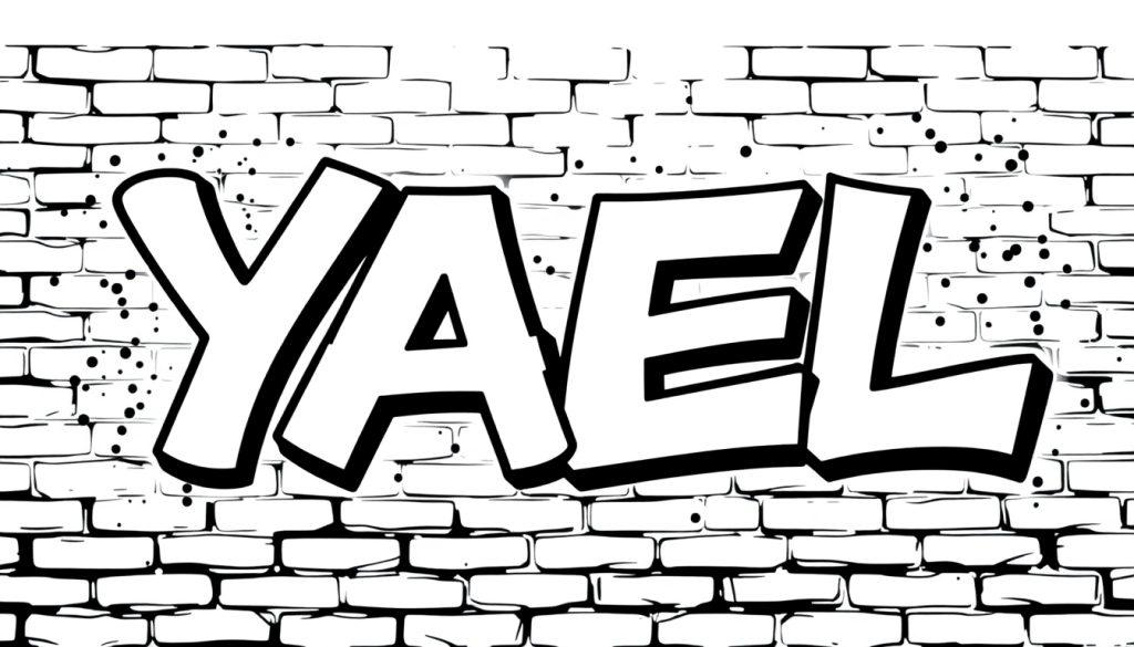Kleurplaat met het woord YAEL in graffiti-stijl op een bakstenen muur.