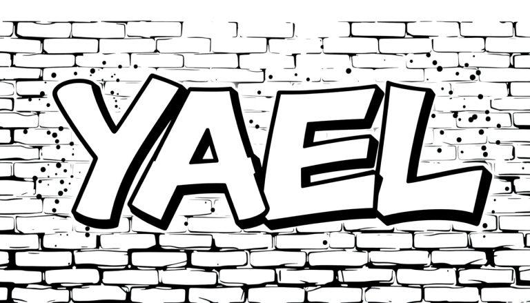 Kleurplaat met het woord YAEL in graffiti-stijl op een bakstenen muur.
