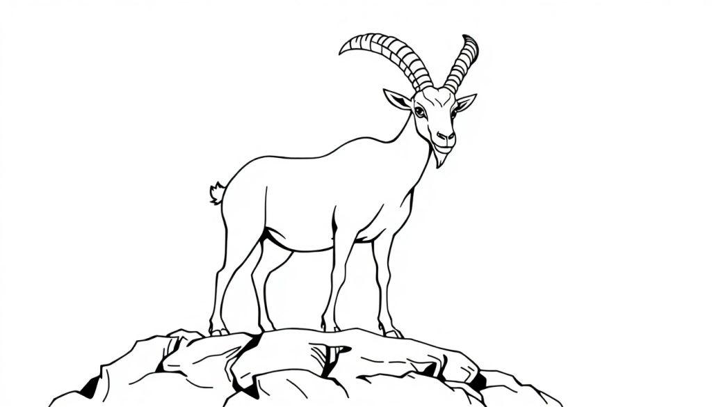 Kleurplaat van een berggeit met gekrulde hoorns op rotsen.