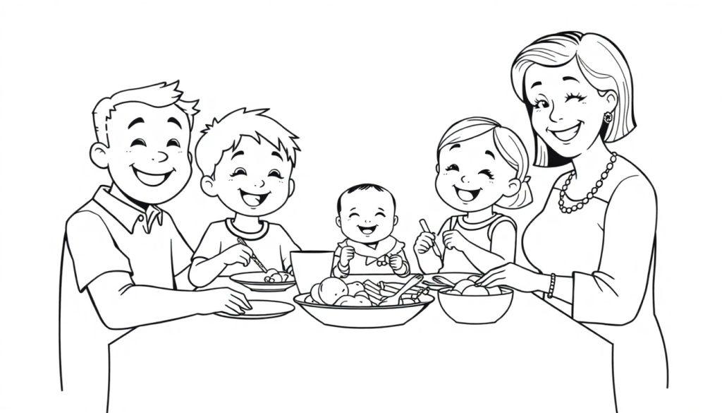 Kleurplaat van een gezellig familiediner met opa, oma, vader, moeder, een jongen, een meisje en een baby.