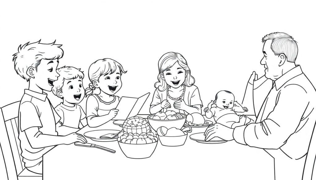 Zwart-wit kleurplaat van een gezin aan tafel met opa en oma.