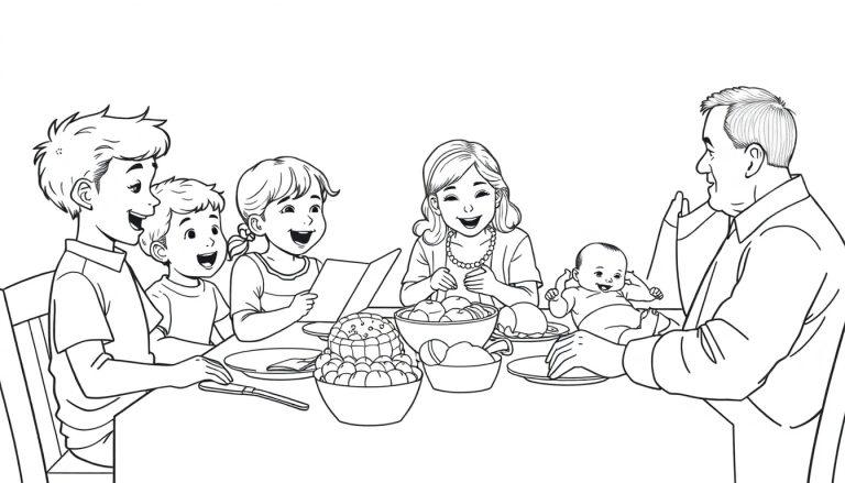 Zwart-wit kleurplaat van een gezin aan tafel met opa en oma.