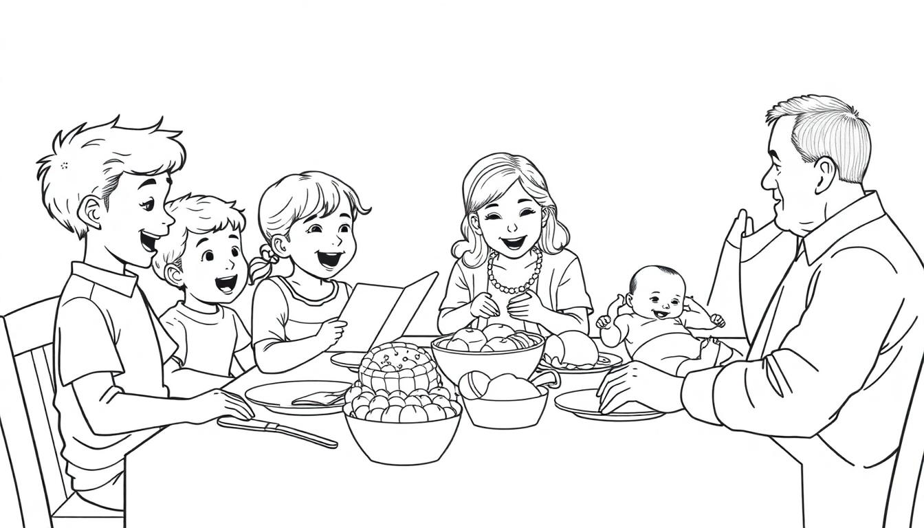 Zwart-wit kleurplaat van een gezin aan tafel met opa en oma.