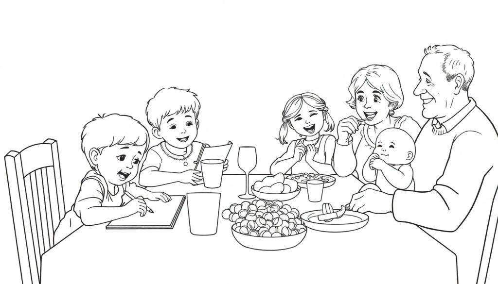 Kleurplaat: Zwart-wit tekening van een familie aan tafel met opa, oma, twee kinderen, een jongen en een baby, allemaal genietend van een maaltijd.