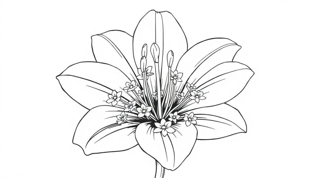 Zwart-wit kleurplaat van een grote lelie met 17 kleine lelies erin.