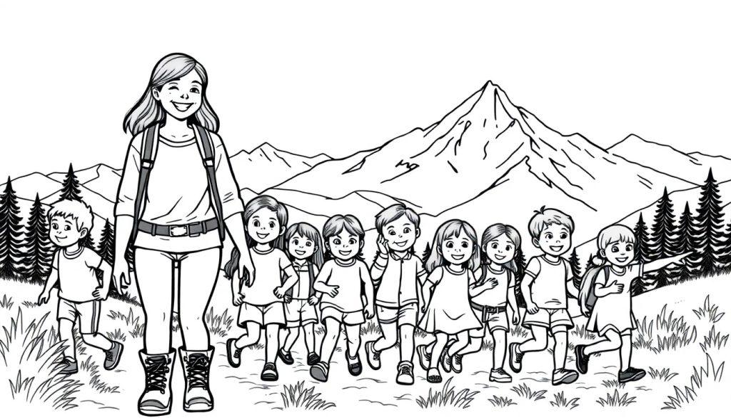 Kleurplaat: Vrolijke vrouw en kinderen wandelen in de bergen.