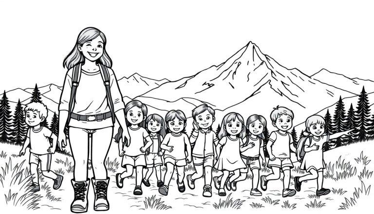 Kleurplaat: Vrolijke vrouw en kinderen wandelen in de bergen.