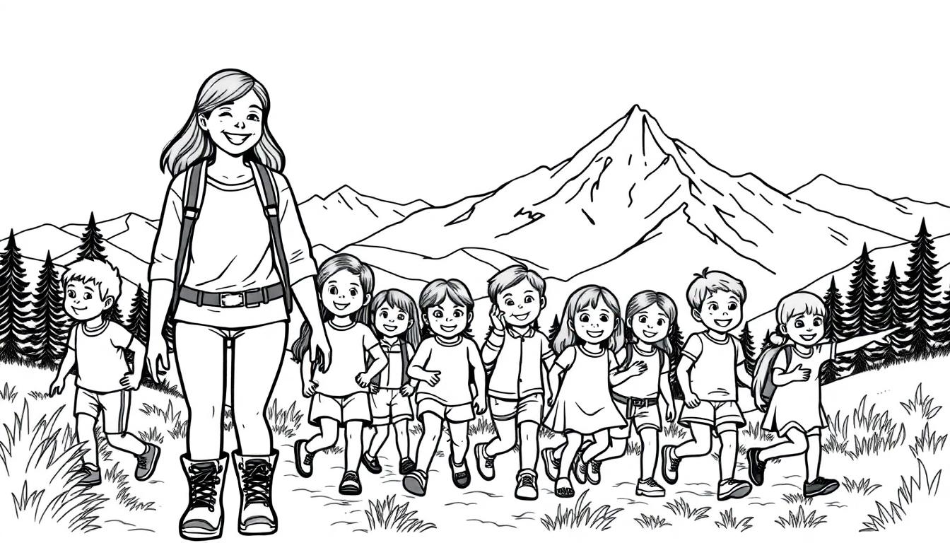 Kleurplaat: Vrolijke vrouw en kinderen wandelen in de bergen.