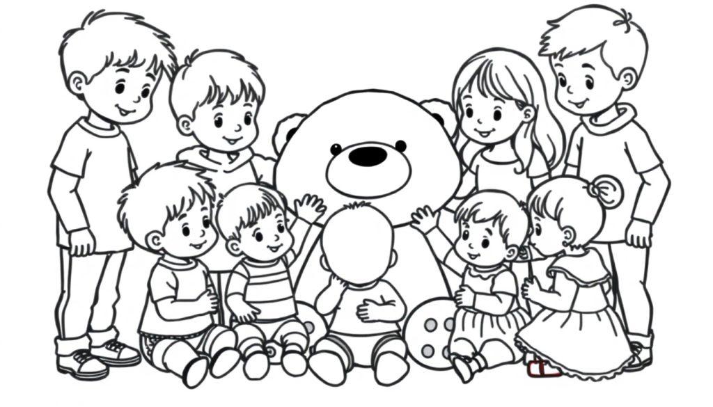 Kleurplaat van kinderen rond een teddybeer