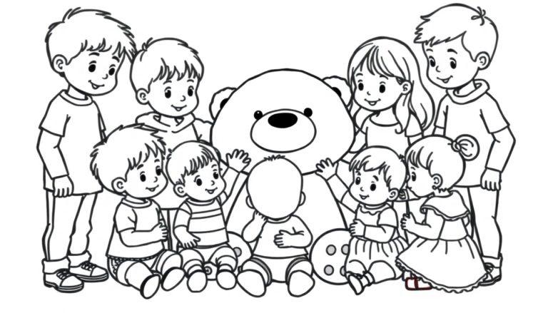 Kleurplaat van kinderen rond een teddybeer