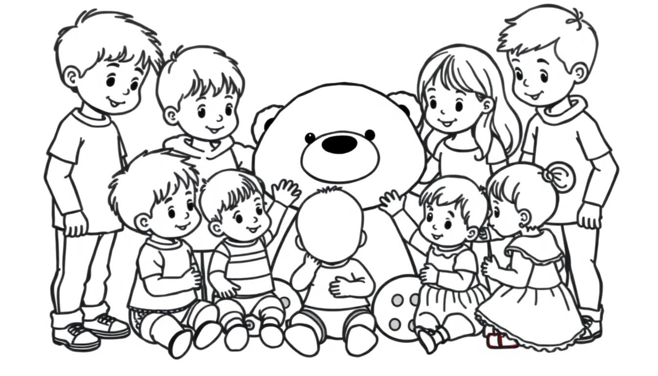 Kleurplaat van kinderen rond een teddybeer