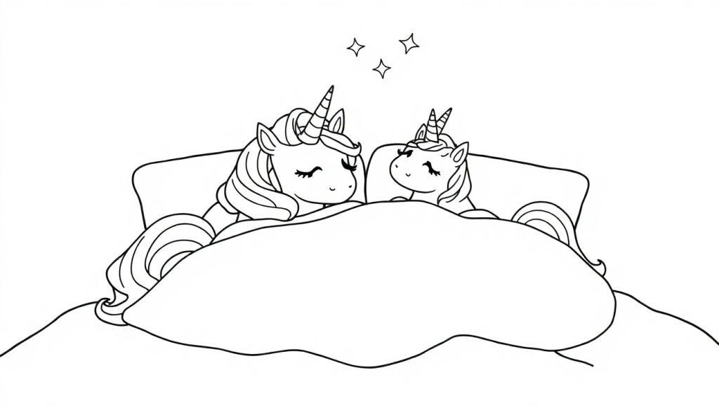 Een kleurplaat van twee blije eenhoorns die samen in bed liggen, onder een deken, met drie kleine sterretjes erboven.