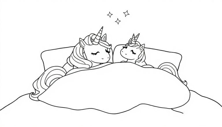 Een kleurplaat van twee blije eenhoorns die samen in bed liggen, onder een deken, met drie kleine sterretjes erboven.