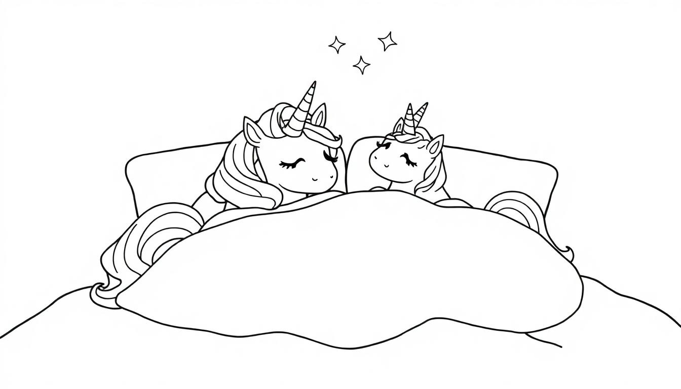 Een kleurplaat van twee blije eenhoorns die samen in bed liggen, onder een deken, met drie kleine sterretjes erboven.