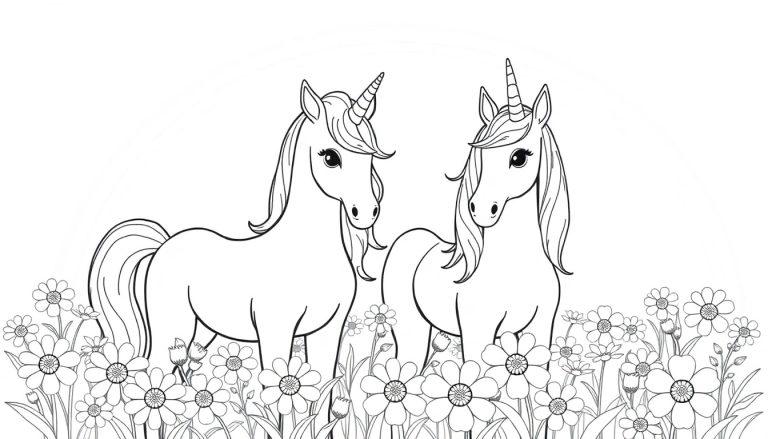 Kleurplaat van twee eenhoorns die elkaar aankijken in een veld met madeliefjes.