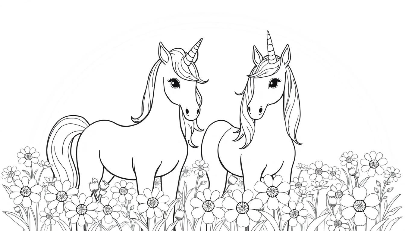 Kleurplaat van twee eenhoorns die elkaar aankijken in een veld met madeliefjes.