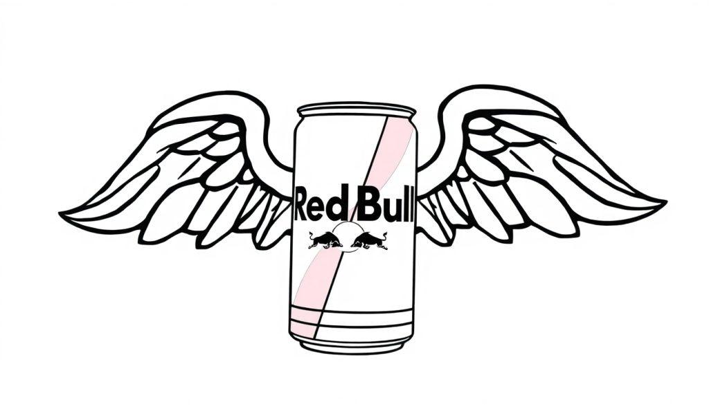 Een kleurplaat van een Red Bull blikje met vleugels.