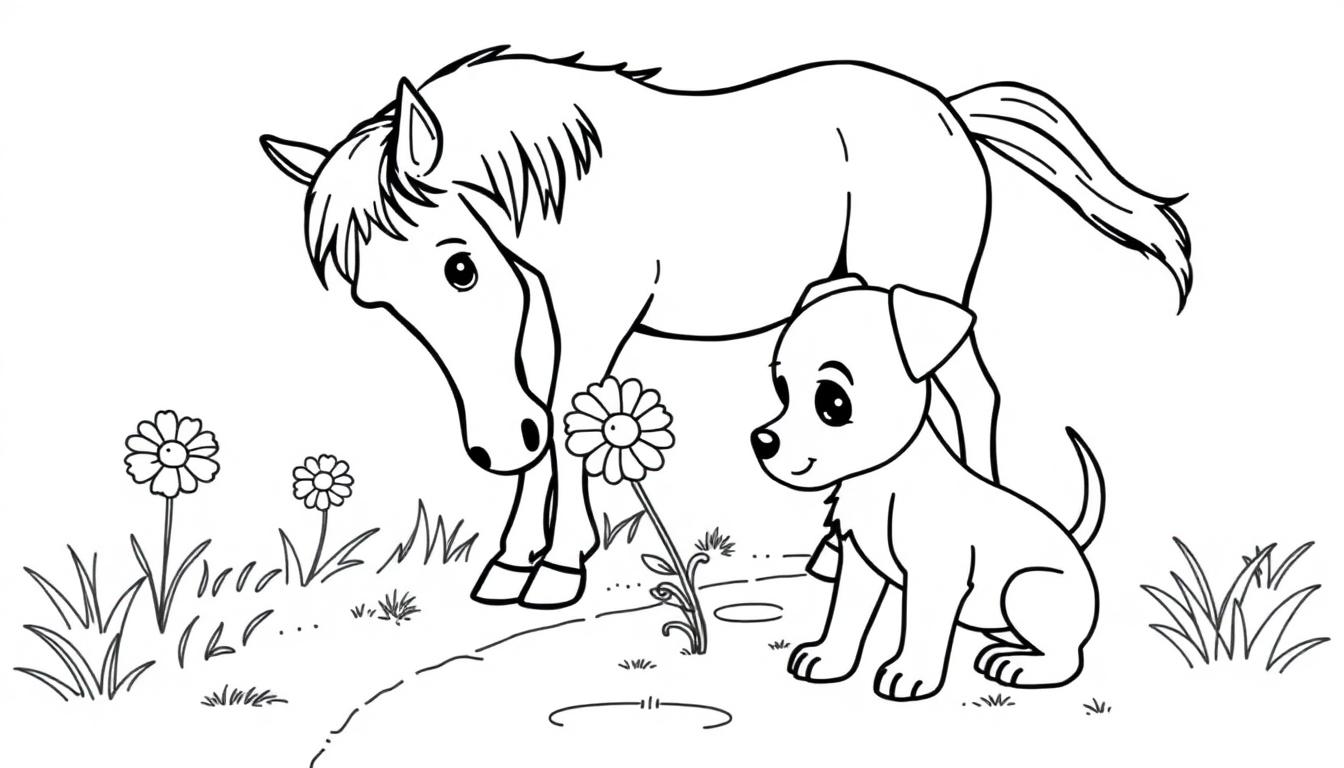 Kleurplaat van een paard en een puppy die naar madeliefjes kijken in een veld.