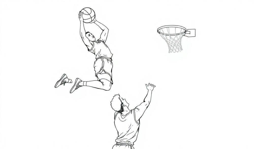 Kleurplaat van een basketballer die dunkt met een verdediger die probeert te blokkeren.