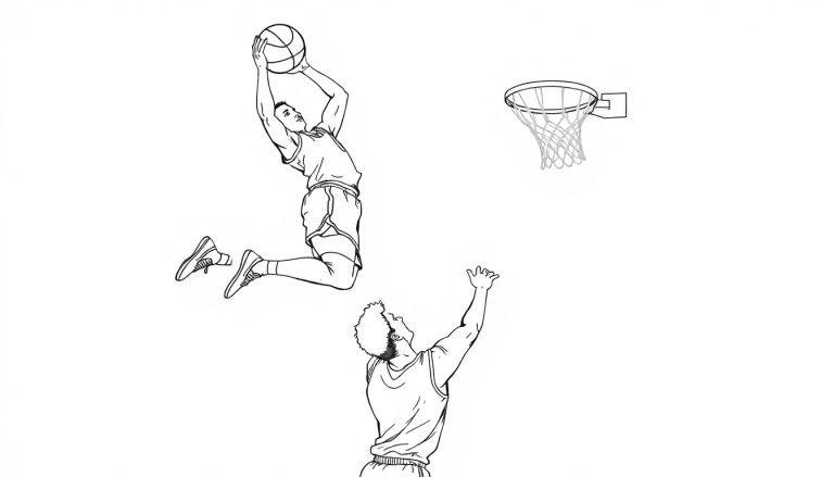 Kleurplaat van een basketballer die dunkt met een verdediger die probeert te blokkeren.