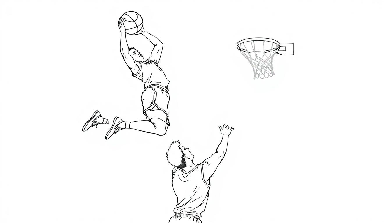 Kleurplaat van een basketballer die dunkt met een verdediger die probeert te blokkeren.