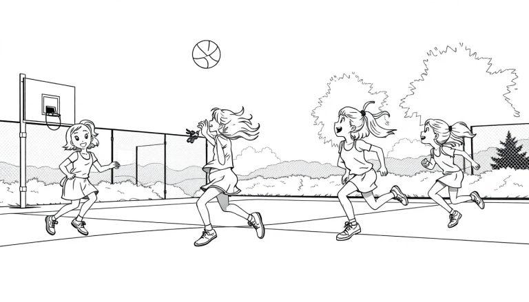 Kleurplaat van vier rennende meisjes op een basketbalveld.