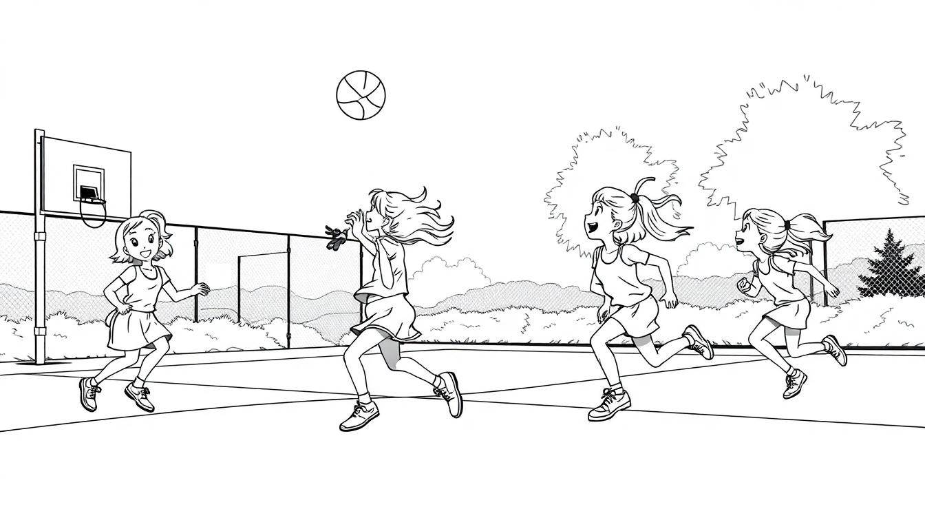 Kleurplaat van vier rennende meisjes op een basketbalveld.