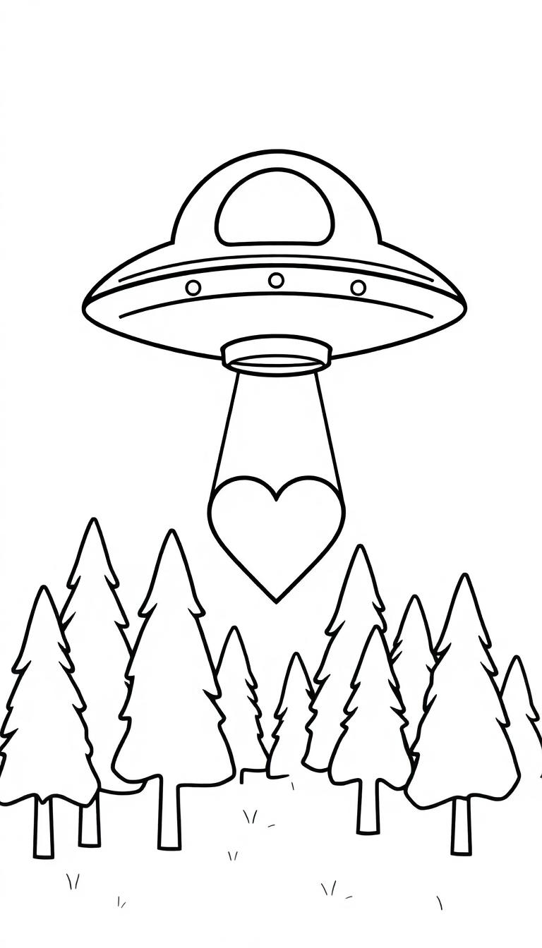 Kleurplaat van een UFO die een hartje opzuigt boven een bos.