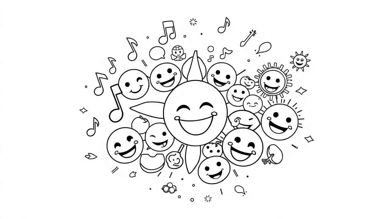Zwart-witte kleurplaat met vrolijke smileygezichten, muzieknoten en een lachende zon.