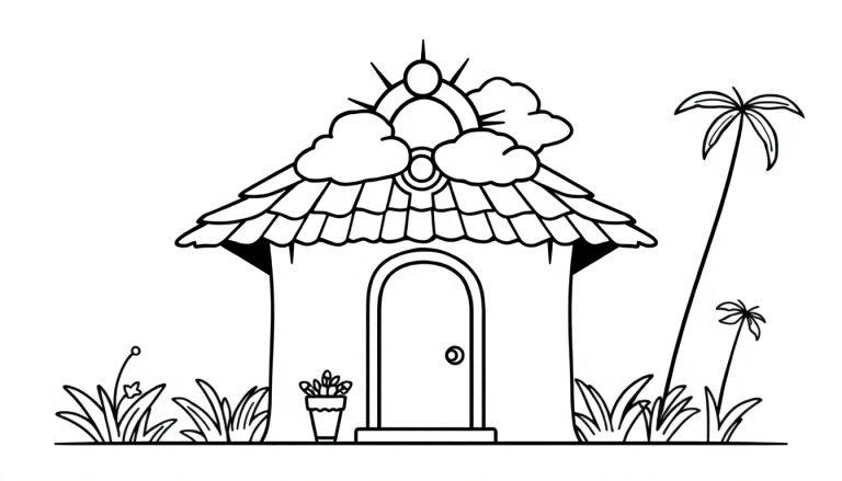 Kleurplaat van een schattig huisje met zon en planten.