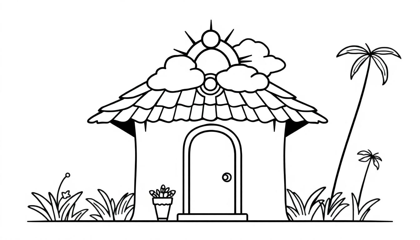 Kleurplaat van een schattig huisje met zon en planten.