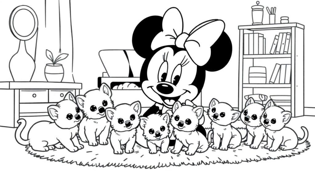 Minnie Mouse speelt vrolijk met schattige puppy's in een gezellige kamer, een leuke kleurplaat!