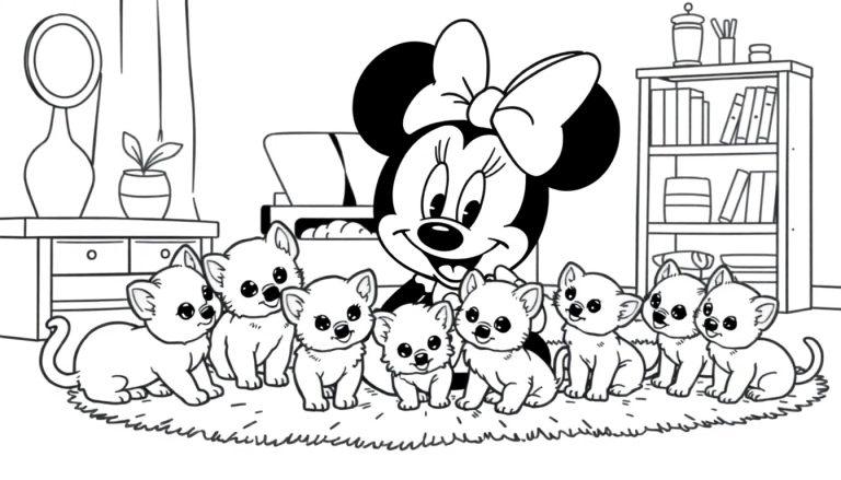 Minnie Mouse speelt vrolijk met schattige puppy's in een gezellige kamer, een leuke kleurplaat!