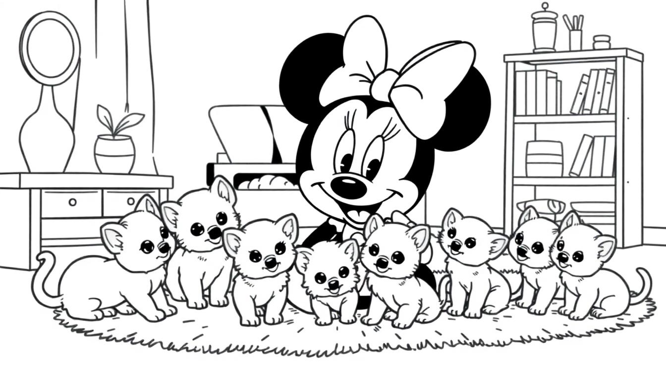 Minnie Mouse speelt vrolijk met schattige puppy's in een gezellige kamer, een leuke kleurplaat!