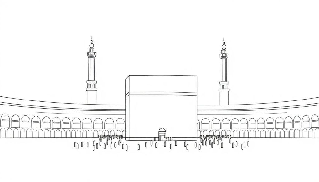 Een kleurplaat van de Kaaba met pelgrims.