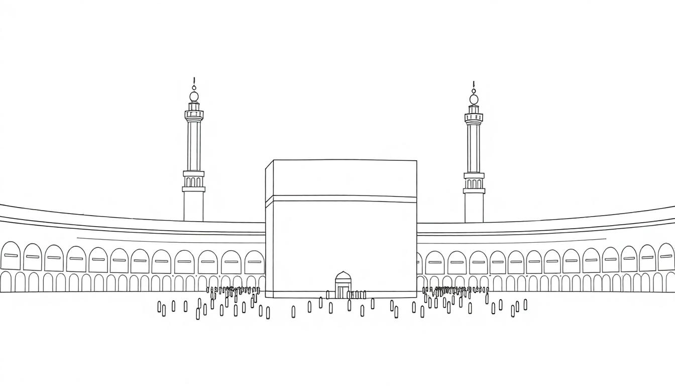 Een kleurplaat van de Kaaba met pelgrims.