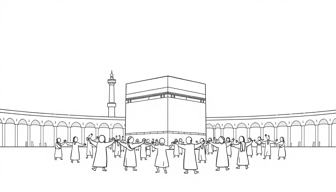 Kleurplaat van de Kaaba in Mekka met biddende mensen.