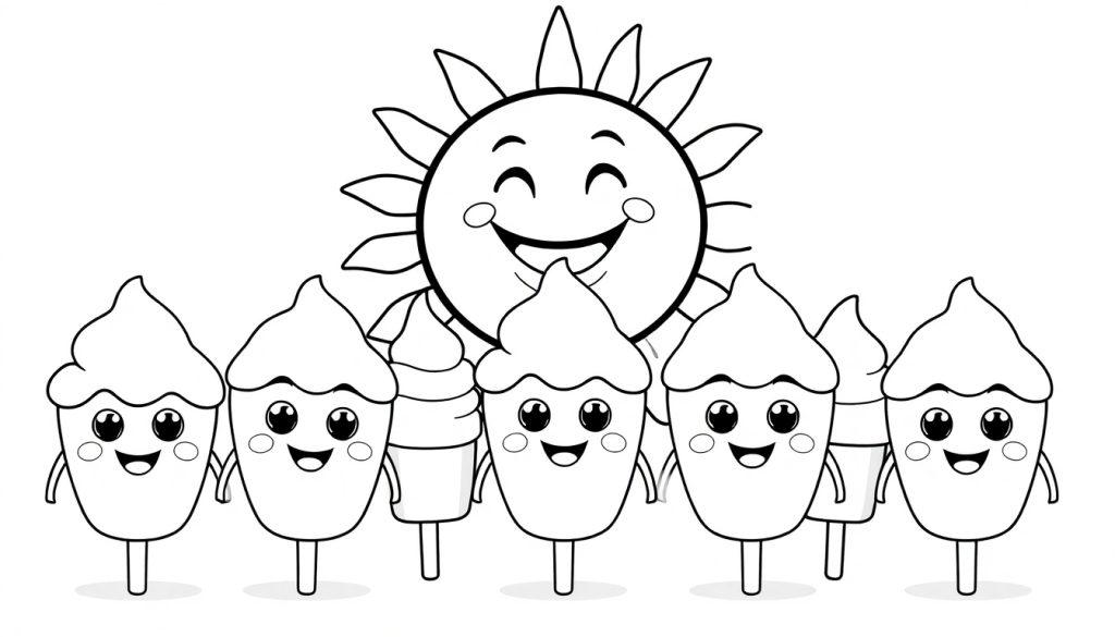 Zwart-wit kleurplaat van een lachende zon boven zes lachende ijshoorntjes met armen en benen.